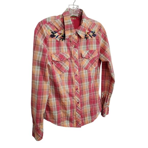 Vigoss M Shirt Girlie Western Pearl Snap Buttons Plaid Embroidered Floral Bird - Picture 2 of 13